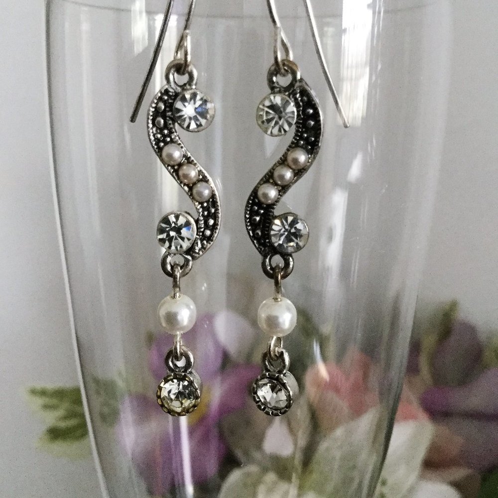 Silver Rhinestone Pearl Earrings - Picture 5 of 5